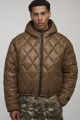 Oversized Boxy High Sheen Diamond Quilted Hooded Funnel Puffer Jacket