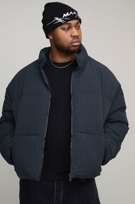 Plus Oversized Check Ripstop Funnel Neck Puffer Jacket