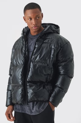 High Shine Hooded Quilted Puffer In Black