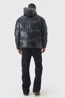 High Shine Hooded Quilted Puffer In Black