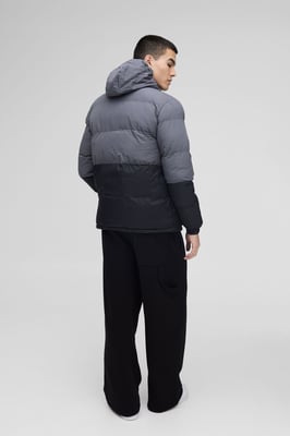 Colour Block Hooded Puffer in Charcoal