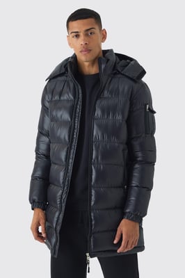 Longline High Shine Hooded Puffer Jacket in Black