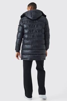 Longline High Shine Hooded Puffer Jacket in Black