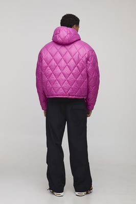 Oversized Boxy High Sheen Diamond Quilted Hooded Funnel Puffer Jacket
