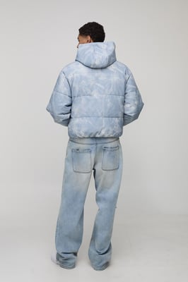 Oversized Boxy Fit Denim Look PU Hooded Puffer Jacket
