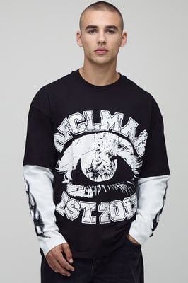 Black Oversized Faux Layer Ofcl Man Varsity Printed Long Sleeve T-Shirt