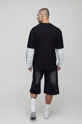 Black Oversized Faux Layer Ofcl Man Varsity Printed Long Sleeve T-Shirt