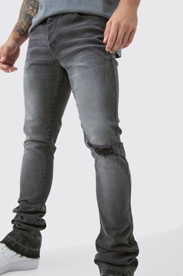 Skinny Stacked Flared Jeans With Knee Rip