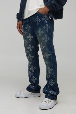 Stacked Flared Cross Rhinestone Embellished Denim Jeans