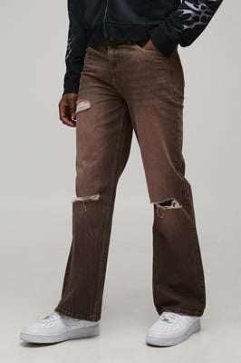 Straight Flared Knee Ripped Washed Denim Jeans