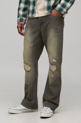 Slim Flared Knee Rip and Repair Paint Splatter Jeans