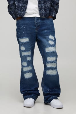 Straight Flared Stacked Stitch Ripped Detail Jeans