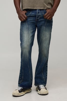 Straight Flared Washed Western Panel Jeans
