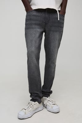 Slim Flared Clear Rhinestone Embellished Denim Jeans