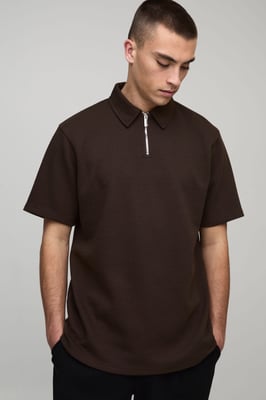 Regular Fit Heavyweight Textured Herringbone Zip Neck Polo