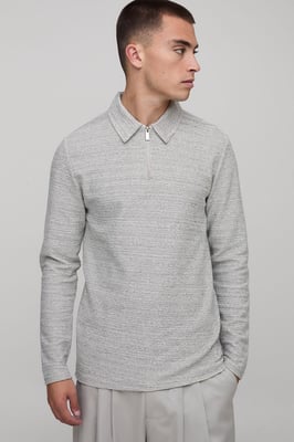 Slim Fit Heavyweight Pique Zip Neck Long Sleeve Polo