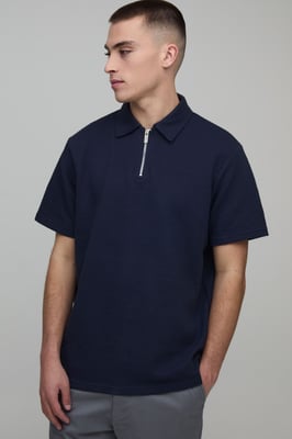 Regular Fit Heavyweight Textured Herringbone Zip Neck Polo
