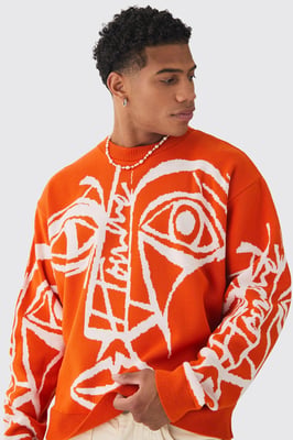 Oversized Boxy Abstract Line Face Knitted Jumper