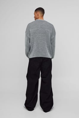 Boxy Crew Neck Dropped Shoulder Plated Ribbed Knit Jumper