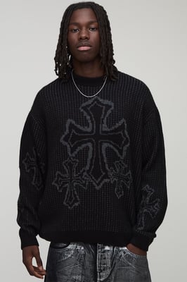 Oversized Boxy Fluffy Cross Jacquard Knitted Jumper