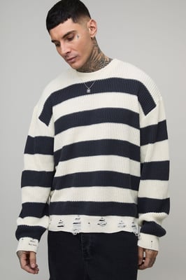 Tall Boxy Distressed Striped Knitted Jumper