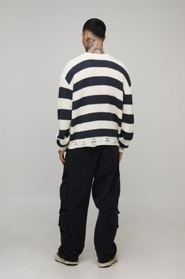 Tall Boxy Distressed Striped Knitted Jumper