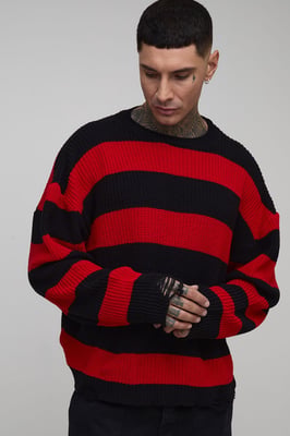 Tall Oversized Boxy Stripe Distressed Knitted Jumper