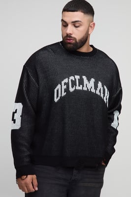 Plus Ribbed Knit Oversized Distressed Varsity Jumper
