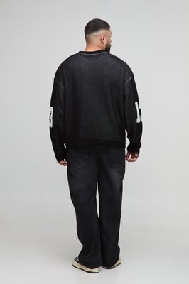 Plus Ribbed Knit Oversized Distressed Varsity Jumper