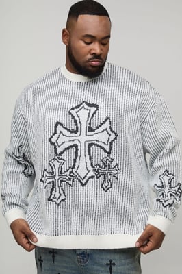 Plus Oversized Boxy Fluffy Cross Jacquard Knitted Jumper