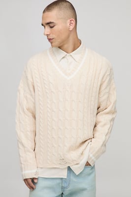 Boxy  V Neck Cable Distressed Hem Knitted Jumper