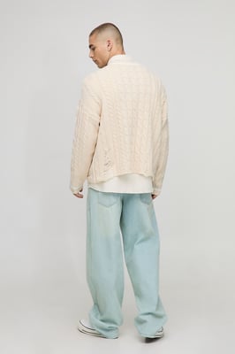 Boxy  V Neck Cable Distressed Hem Knitted Jumper