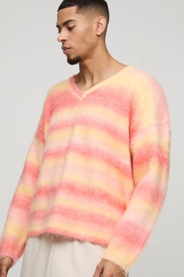 Oversized Boxy Brushed Stripe V Neck Knitted Jumper