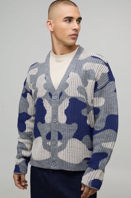 Oversized Boxy Ribbed Camo Knitted Cardigan
