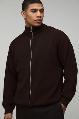 Relaxed Fit Ribbed Funnel Zip Thru Knitted Jumper