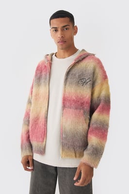 Oversized Boxy OFCL Brushed Ombre Stripe Knitted Zip Through Hoodie