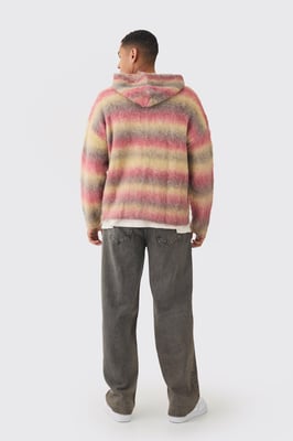 Oversized Boxy OFCL Brushed Ombre Stripe Knitted Zip Through Hoodie