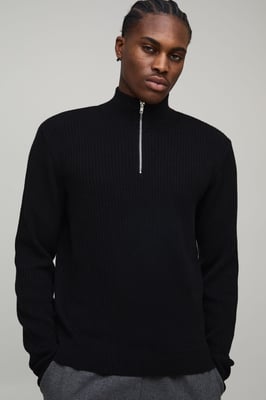 Regular Fit Ribbed 1/4 Zip Funnel Neck Jumper