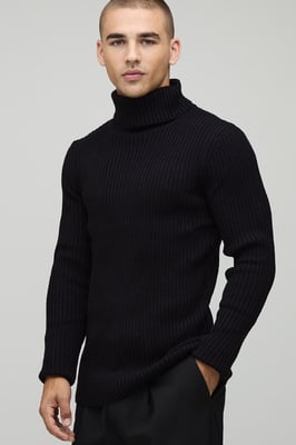 Muscle Fit Ribbed Roll Neck Knitted Jumper