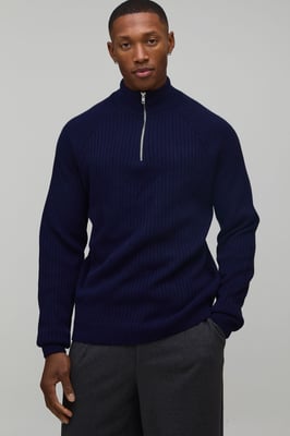 Regular Fit 1/4 Zip Raglan Funnel Neck Jumper