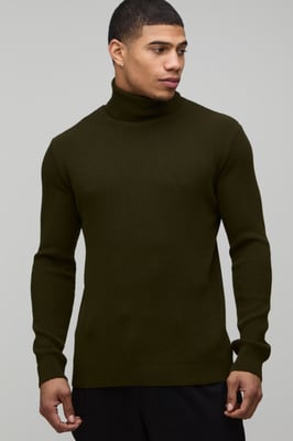 Muscle Fit Ribbed Roll Neck Knitted Jumper