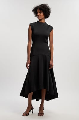 Scuba Dipped Ruffle Hem Woven Maxi Dress