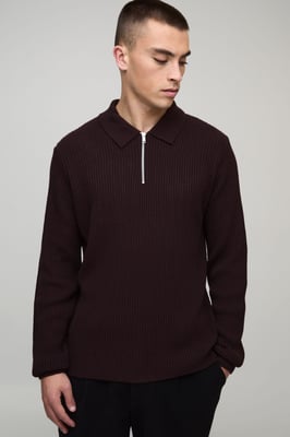 Regular Fit 1/4 Zip Rib Long Sleeve Knitted Polo