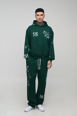 Tall Oversized Boxy Doodle Print Hoodie & Oversized Dropped Crotch Jogger Tracksuit