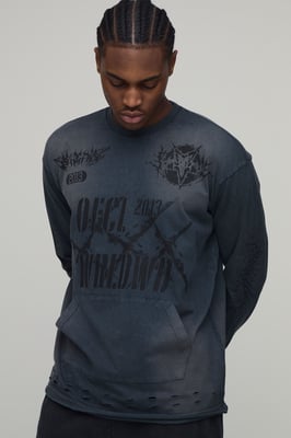 Oversized Heavyweight Washed Distressed Long Sleeve T-Shirt