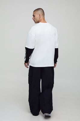 White Oversized Faux Layer Ofcl Man Varsity Printed Long Sleeve T-Shirt