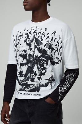 Oversized Boxy Faux Layer Gothic Printed Long Sleeve T-Shirt