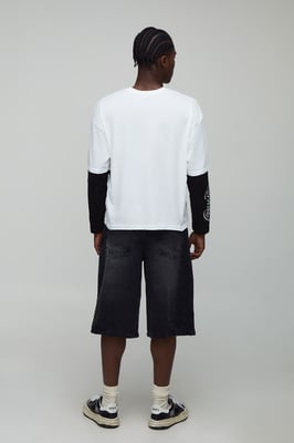 Oversized Boxy Faux Layer Gothic Printed Long Sleeve T-Shirt