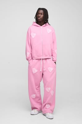 Oversized Boxy Zip Through and Extreme Wide Leg Hearts Applique Tracksuit