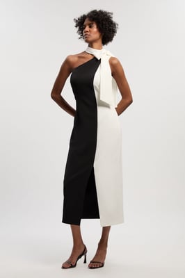 Soft Tailored Colour Block Bow Midi Dress